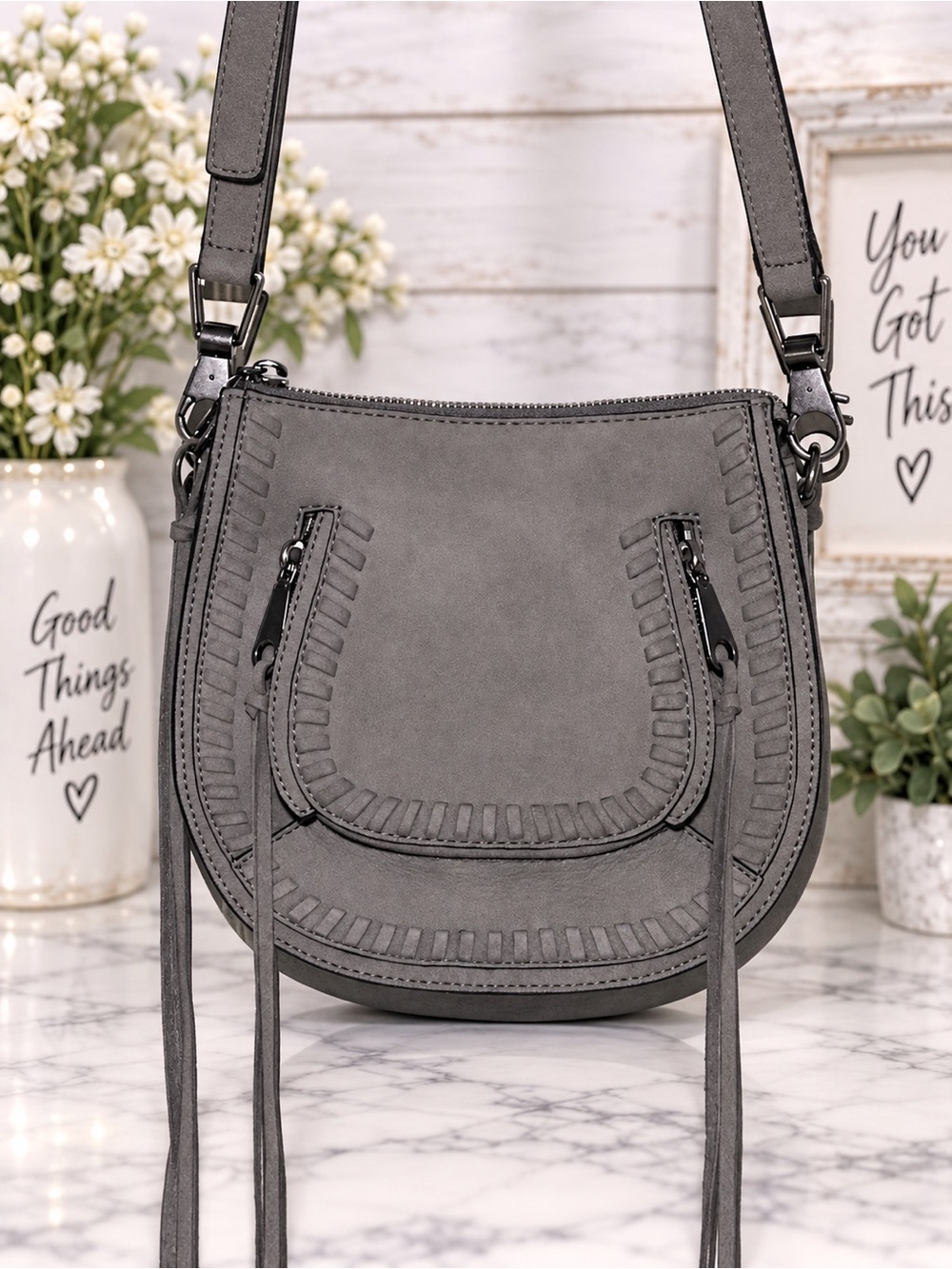 Rebecca Minkoff Vanity Saddle Bag Gray Suede Crossbody Purse